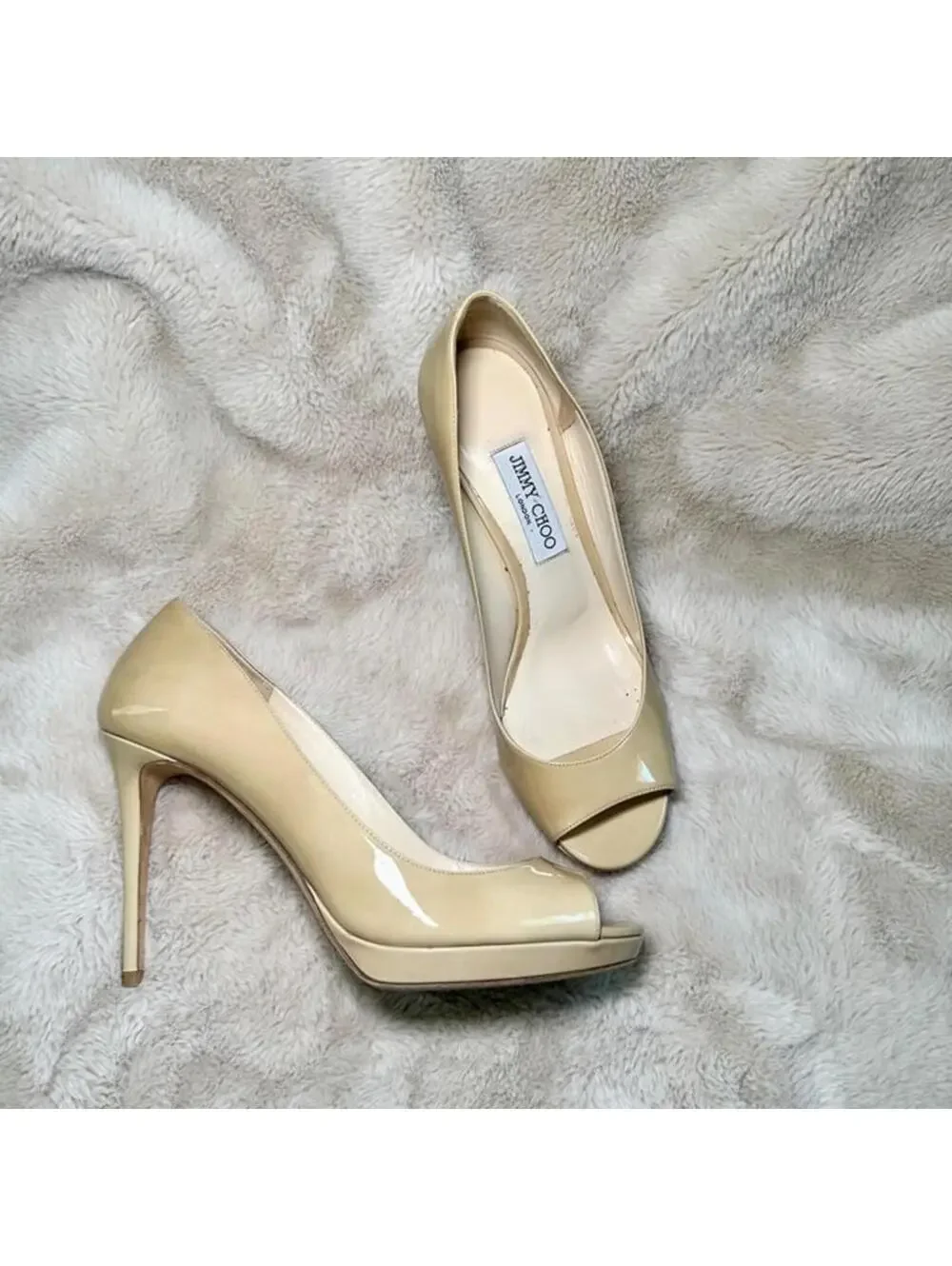 Jimmy Choo Luna 100 Peep Toe Patent Beige Pump Heel 40.5 Excellent